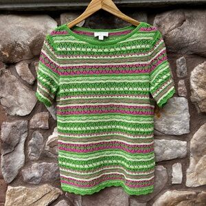 Belle Boho By Kim Gravel Crochet Sweater XS Short Sleeve Pink Green Summer Beach